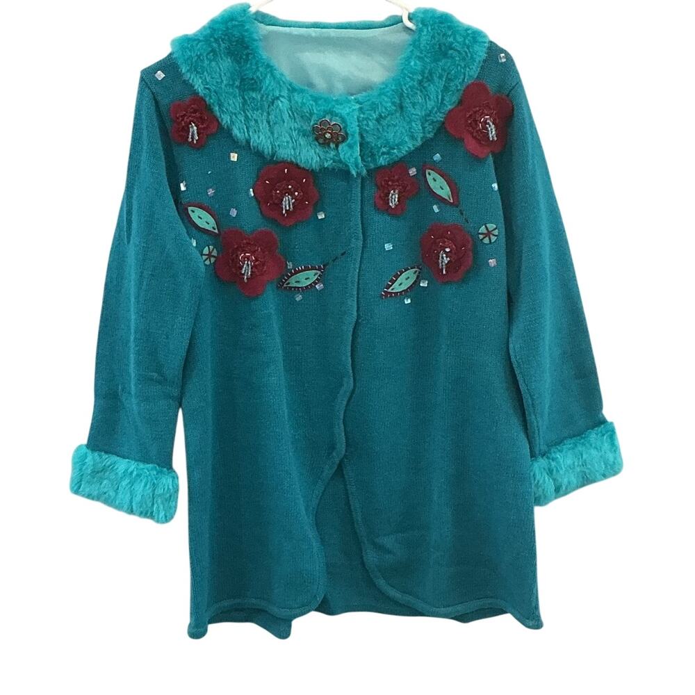 Storybook Knits Womens Novelty Cardigan Faux Fur Teal Floral Fairy Twee‎ Indie